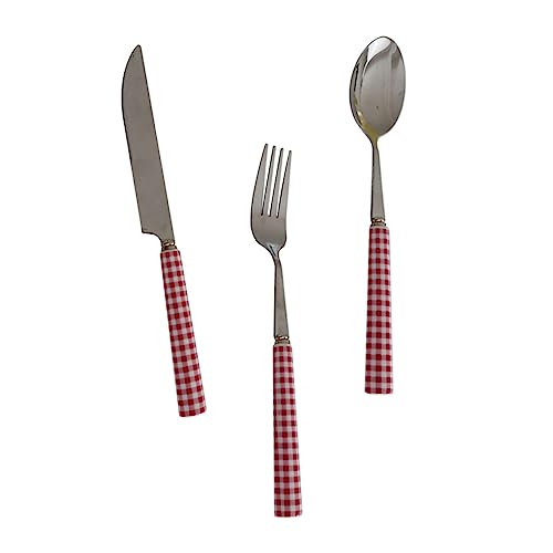 Mikinona 1Set French Style Checkered Ceramic Handle Cutlery Fork Spoon Stainless Steel Kitchen Utensils for Serving Steak Pancakes Barbecue