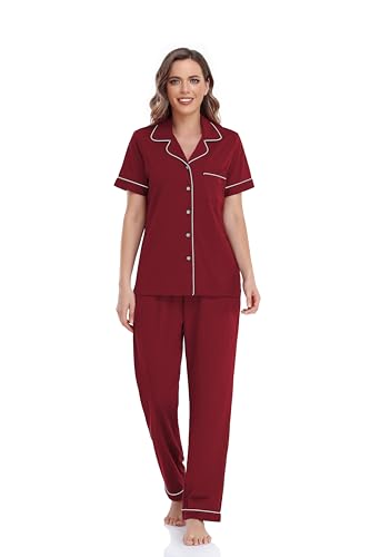 Image of COLORFULLEAF Women's 100% Cotton Pajamas Set Button Down Sleepwear Short Sleeve Shirt and Long Pants Soft Ladies Lounge Sets