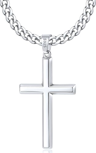 Eterjew 925 Sterling Silver Cross Necklace for Men Boys Women, Mens Sterling Silver Cross Chain with 4mm Cuban Link Chain Necklace for Men, Mens Necklaces 18 Inch