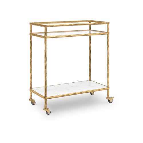 Signature Design By Ashley Plattfield Casual Antiqued 2-Tier Bar Cart With Casters, For Kitchen And Dining Room, Metallic &Amp; White