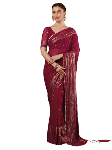 Image of SAMAH Women's Georgette Foil Printed Lace Work Saree with Unstitched Blouse Piece