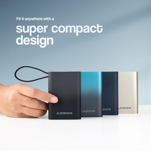 Ambrane 20000mAh Small Pocket Size Powerbank, Hanging InBuilt Type C Cable, 22.5W Fast Charging, Type C PD & USB Output for iPhone, Android Mobiles & Other Devices (MiniCharge 20, Black-Grey)