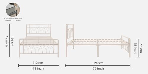 Image of Jexx Metal Single Size Bed Without Storage | Wrought Iron Single Bed with Headboard & Footboard| Sturdy Powder Coated Platform Cot for Bedroom, Living Room, (Jexx Ivory)