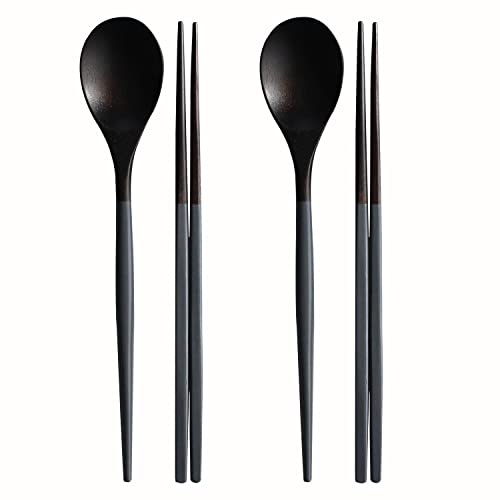Chopsticks Reusable Korea traditional Spoon and Chopsticks Set, 2 Pair lacquer wooden Chopsticks Spoon (charcoal)