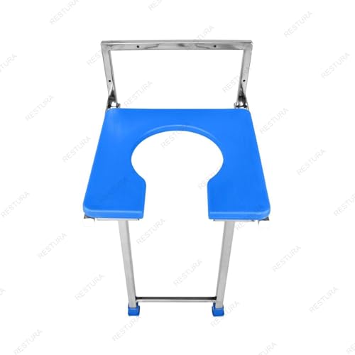 Image of Wall Mounted Foldable Commode Chair for Elderly & Senior Citizens | Portable Stainless Steel Indian Toilet Support Seat | Anti-Slip Lightweight Chair for Knee Pain, Pregnancy & Patient Care (Blue)