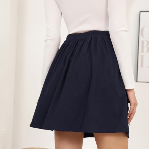 Women's Button Down Corduroy Skirts High Waist A-line Pleated Short Mini Skirt with Pockets4