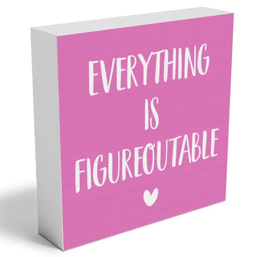 Pink Cute Home Office Desk Decor, Inspirational Farmhouse Wooden Sign for Tabletop Cubicle Shelf Desk Accessories Everything is Figureoutable Coworker, Friend Beautiful Bookshelf Decor（5x5in）