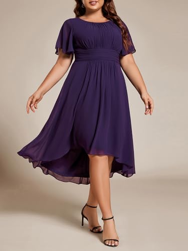 Image of Ever-Pretty Women's Plus Size Formal Wedding Guest Dresses for Curvy Women A Line Chiffon Midi High Low Cocktail Dress