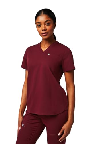 Fabletics Womens Vital 1-Pocket Scrub Top - MotionTech Wrinkle-Resist Chest Pocket Anti-Shrink Semi-Slim Fit L Wine