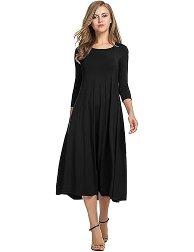 Hotouch Damen Kleider Elegante Midi Tunika Kleid A-Linie 3/4 Ärmel Kleid Rundhals Einfarbig Freizeitkleider Herbst Winter Kleider Schwarz XXL