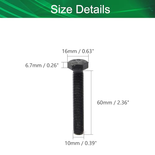 Image of M10x60mm External Hex Head Screw Bolts Carbon Steel Grade 8.8 Metric Thread Hexagon Bolts Fastener 2.64 inchx0.63 inchx0.63 inch(LxWxH) for Machinery Furniture Hardware Black 5pcs