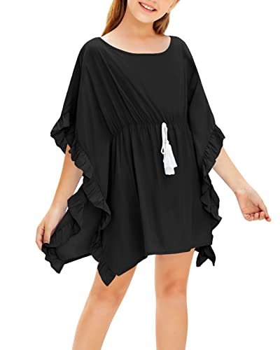 Eurivicy Girl's Swimsuit Cover Up Kids Summer Solid Wraps Swimwear Tassel Elastic Waist Ruffled Beach Dress Black #TOP10