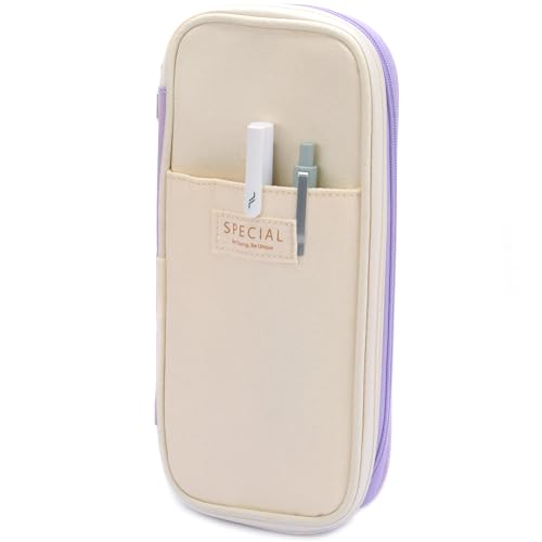Image of Large Capacity Big Special Cute Aesthetic Preppy Canvas Pencil Case Organizer Holder Pouch Bag with Zipper Compartments, Pen Cases for Women Girls School Adults (Beige /Purple)