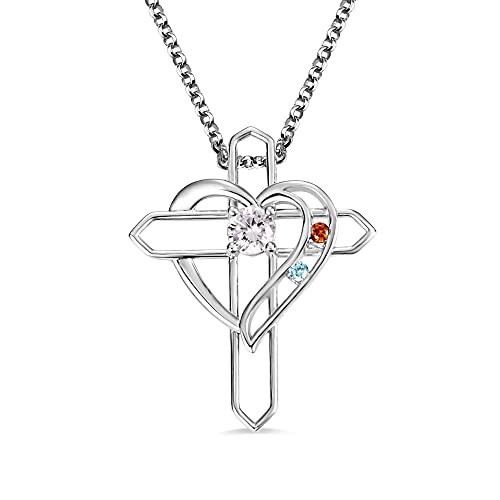 AILIN Personalized Love Cross Necklace Sterling Silver 925 Custom 1 2 3 4 5 6 Birthstone Heart Pendant Mother Day Family Jewelry Birthday Gifts For Women Grandma