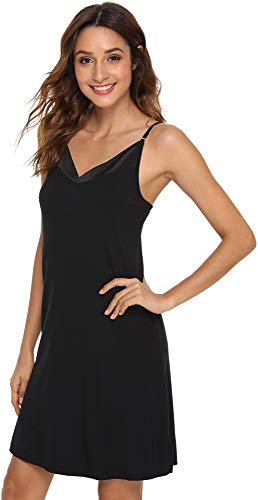 Gys Womens Bamboo Full Slip Sexy Chemise Nightgown Lightweight Spaghetti Strap Camisole Mini Dress, Black, Large #TOP1