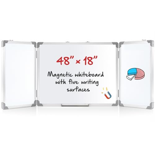 AmazingSpark 48” x 18” Foldable Whiteboard Dry Erase Board Large Tri Folding Whiteboard Magnetic Dry Erase Board, Wall Aluminium Frame and Flip Out Pen Tray for Office, Home
