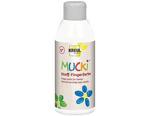 KREUL 28401 - Mucki leuchtkräftige Stoff - Fingerfarbe, 250 ml in weiß, auf Wasserbasis, parabenfrei, glutenfrei, laktosefrei und vegan, optimal für die Anwendung mit Fingern und Händen