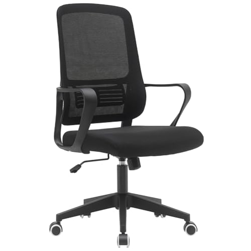 BAKAJI Silla de Escritorio ergonómica con Ruedas giratorias antiarañazos, Respaldo de Tela Transpirable y Soporte Lumbar, sillón de Estudio u Oficina, Ajuste de Altura de Gas 98 108 cm (Negro)