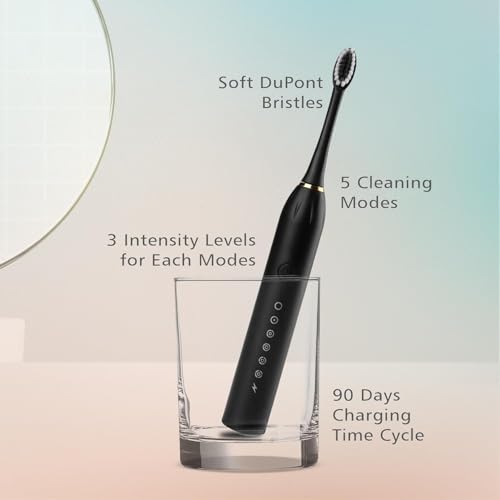 Image of X-3 Sonic Electric Toothbrush, IPX7 Waterproof, Powerful Rechargeable with Replaceable Heads, 6 Cleaning Modes, Advanced Gum Care & Plaque Removal - Black, kid, Youth, Adults, 1 Count