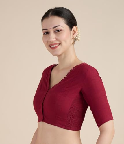 Image of Studio Shringaar Women's Handloom Cotton Side Stretchable (Smocked) Readymade Saree Blouse with Crochet Neckline