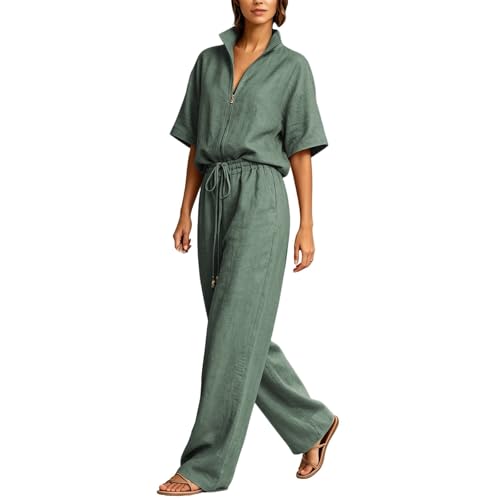 Conjunto de lino para mujer de camisa corta y pantalón ancho