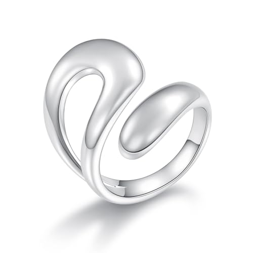 MDFUN 18K White Gold Plated Chunky Irregular Band Open Statement Rings Adjustable Ring Jewelry for Women