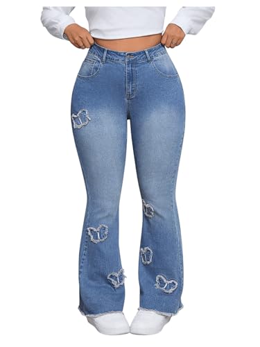 MakeMeChic Women's Plus Size Ripped Raw Hem Jeans Pocket Bell Bottom Y2K Long Denim Pants