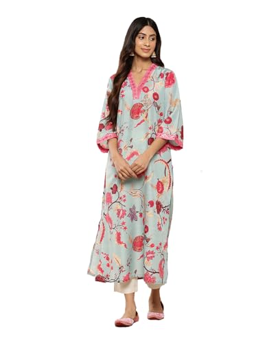 Image of Varanga Women's Blended Relaxed Fit Floral Printed Sequinned Detail A-line Kurta - Elegant and Stylish Ethnic Wear