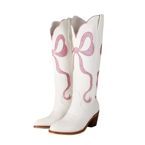 Women's White Cowgirl Boots with Glitter Bow Knee High Cowboy Boots Almond Round Toe Chunky Heel Embroidered Western Cowboy Boots for Women2