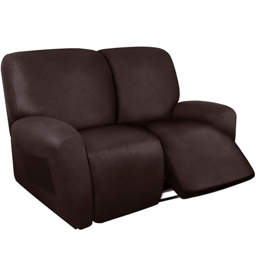 Image of ANARACHON Loveseat Recliner Cover Leather Look Recliner Loveseat Covers Recliner Sofa Cover for 2 Seater Reclining Couch Spandex Fabric Washable 6 Pieces (2 Seater, 01 Chocolate)