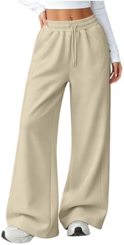 GOSEAGOTOFUN Baggy Sweatpants for Women Drawstring High Waisted Wide Leg Sweatpants Fall Winter Fashion Workout Casual Jogger 01-Beige Large - 1