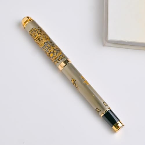 Image of India Pride Premium Engraved Metal Roller Pen | Luxury Brass Finish Writing Pen with Diamond Lid | Smooth Blue Ink | Executive Gift Pen for Professionals & Patriotism