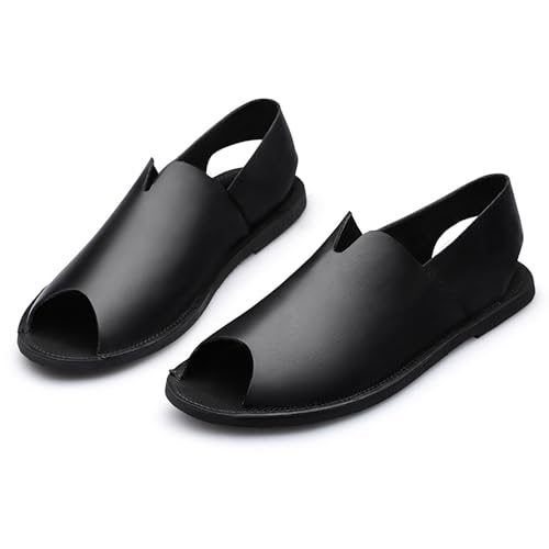 Men's Genuine Leather Fish Mouth Flat Slingback Fisherman Sandals Fashion Casual Slip-On Round Peep Toe Roman Sandals Comfortable Non-Slip Summer Outdoor Beach Walking Sandal Shoes
