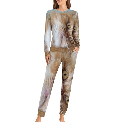 Pyjama femme chat orange : ensemble de nuit premium manches longues et pantalon
