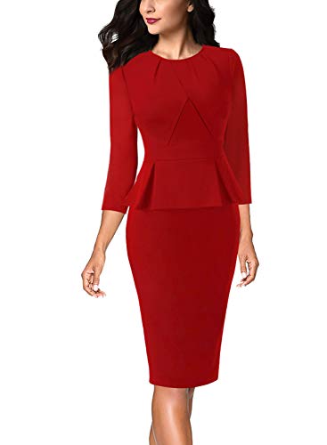 Image of VFSHOW Womens Pleated Crew Neck Peplum Slim Work Business Dress Elegant 3 /4 Sleeves Office Church Bodycon Pencil Sheath Dress