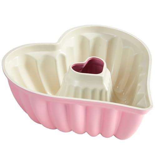 HONGBAKE Heart Shaped Cake Pan Cast Aluminum Pound Cake Pan with Non-Toxic Ceramic Coating Nonstick Fluted Cake Mold for Baking Valentines Day & Special Occasions 10-Inch Pink