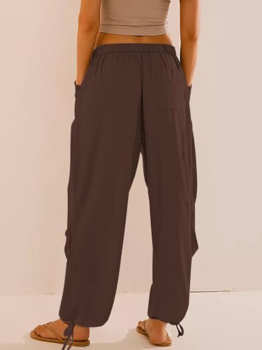 Image of Women's Linen Balloon Barrel Beach Pants Boho Harem Flowy Drawstring Casual Loose Pants with Pockets