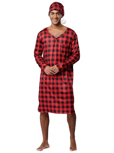 Jhaoyu Mens 2 Piece Pajamas Plaid Pattern V Neck Long Sleeve Sleep Shirt with Night Cap Loungewear2