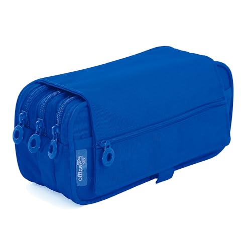 office box Estuche Triple el Orginal- Porta Lápices de 3 Apartados con Cremallera, Múltiples Bolsillos, Horario e identificador y Tira para Llevar en tu Trolley by Colorline (Azul Oscuro)