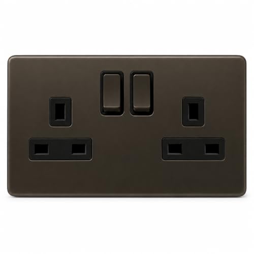 Image of EVOGES Terra 2 Gang 13A Double Pole Switched Socket – Decorative Wall Power Outlet, Twin Plug Socket, Fits Standard UK Back Boxes, UK Wiring Accessories (Slate Bronze)