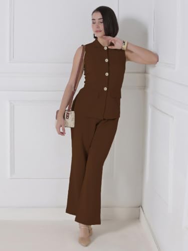 Image of Selvia Beige Lycra Textured Co-ord Set for Women, Button Front Waist Top and Trouser Pant