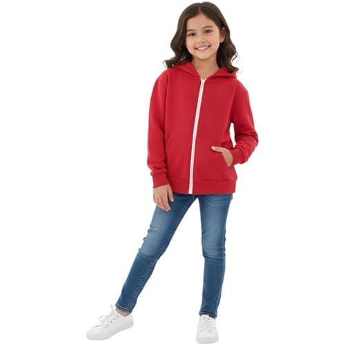 HUBIBUBI Solid Full-Zip Hoodie – Soft Fleece Kids Sweatshirt Jacket for Boys & Girls – Essential Hooded Outerwear with Pockets for Comfort & School (UK, Age, 7 Years, 8 Years, Regular, Red)