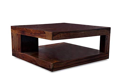 Image of Sheesham Wood Square Center Coffee Table with Open Shelf Storage Solid Wood Teapoy Tea Table for Living Room Home and Restaurants Light Walnut