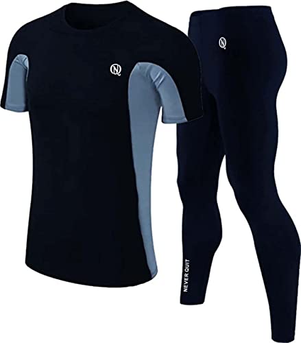 Image of NEVER QUIT Men's Polyester Sports Running Set Compression Half Sleeve T-Shirt, Pants Skin-Tight Long Sleeves Quick Dry Fitness Tracksuit Gym Yoga Suits (Set of 2)