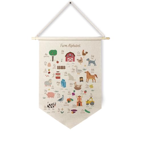 Qpenm Farm Animals Alphabet Hanging Wall Canvas Banner, Farm Animal Nursery ABC Educational Hanging Pennant Flag Prints Wall Decor Poster&Prints for Toddler Kids Room Playroom Classroom