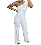 Remelon Women's Sexy One Piece Jumpsuits One Shoulder Bodycon Splicing Slim Wide Leg Trousers Romper