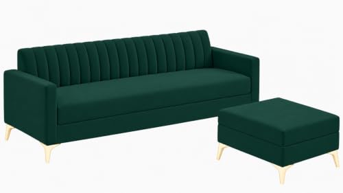 Image of AMATA Falcon ele 4 Seater Fabric Suede Velvet Green Colour Sofa Set with Four Cushions Perfect for Home Office Guests Living Room (Falcon Green 01, Falcon 4 Seater l Shape)(3 Year Warranty)