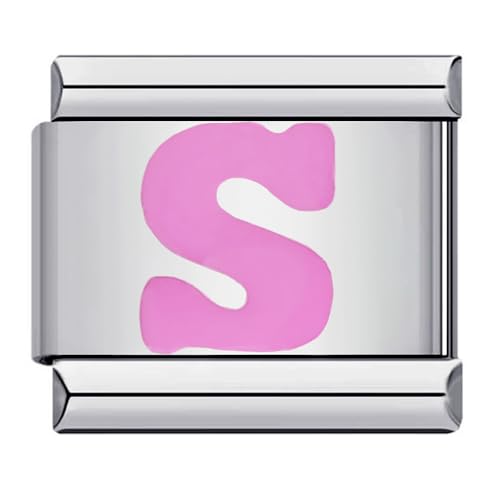 Image of Mon & Sons S Pink Letter Initial Name Alphabet Personalised Charm Silver 9mm Italian Link Link Charm Compatible With Bracelet