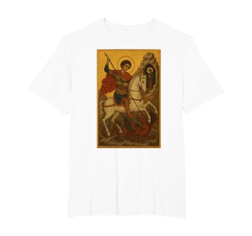 Orthodox Icon of Saint George Slaying the Beast T-Shirt, Men's Big and Tall, White, 3X Tall