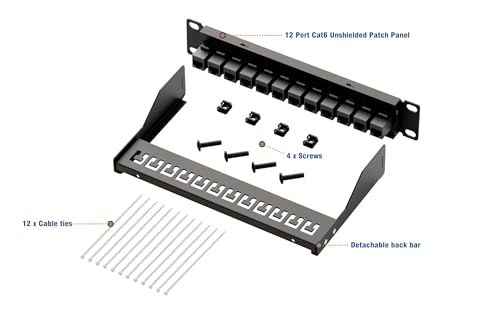 Image of iwillink 10Gbps Patch Panel 12 Port, 10-Inch Through Coupler RJ45 Cat6 Patch Panel with Back Bar, Wallmount or Rackmount, Compatible with Cat5, Cat5e, Cat6 Cabling